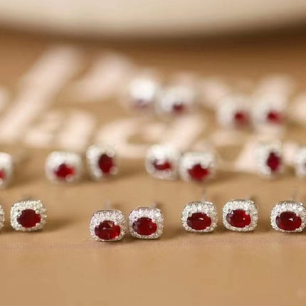 Real Gold Natural Ruby Diamond Stud Earrings Pigeon Blood Red Color