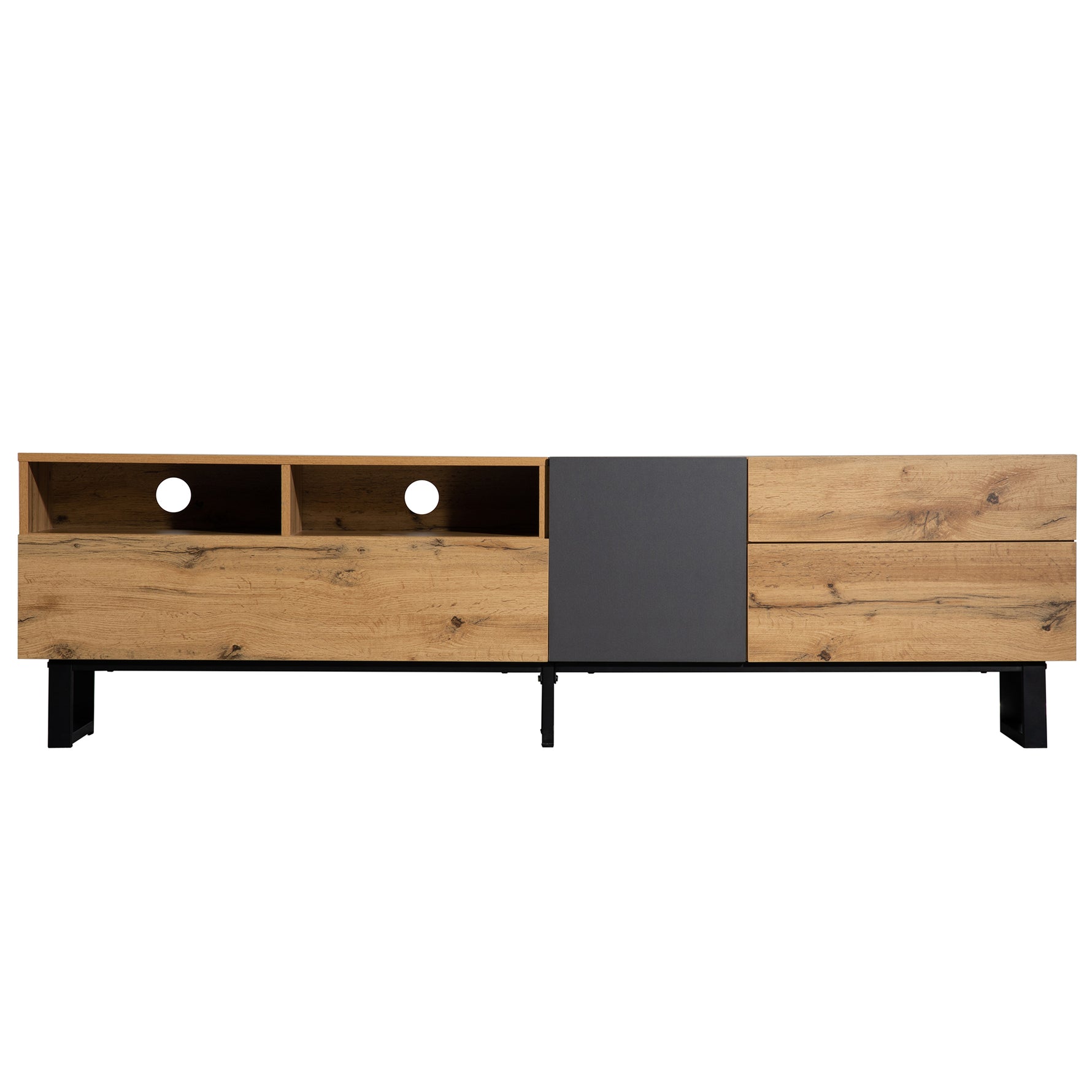 Meuble TV moderne eprolo pour téléviseur de 80 pouces avec double espace de rangement, en bois gris clair.