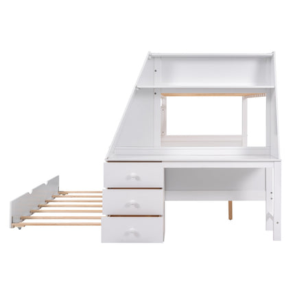 Twin Full Bunk Bed W  Trundle, Desk, 3 Drawers   Shelf - White