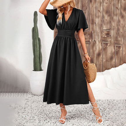 Women's Ruffle Sleeve Split Elastic Waist Polyester Dress