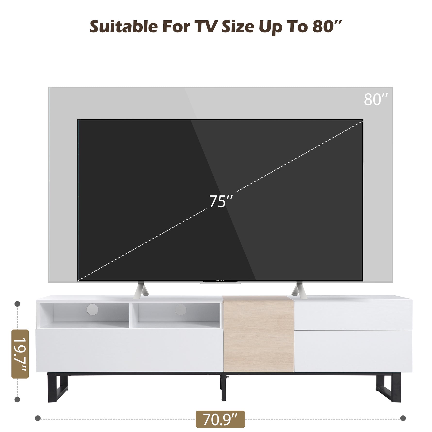 Meuble TV moderne eprolo en bois avec espace de rangement et surfaces plates pour appareils électroniques.