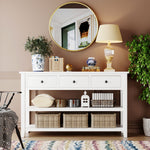 Console d'entrée eprolo en bois massif de pin, design rétro blanc antique avec deux étagères ouvertes pour salon.
