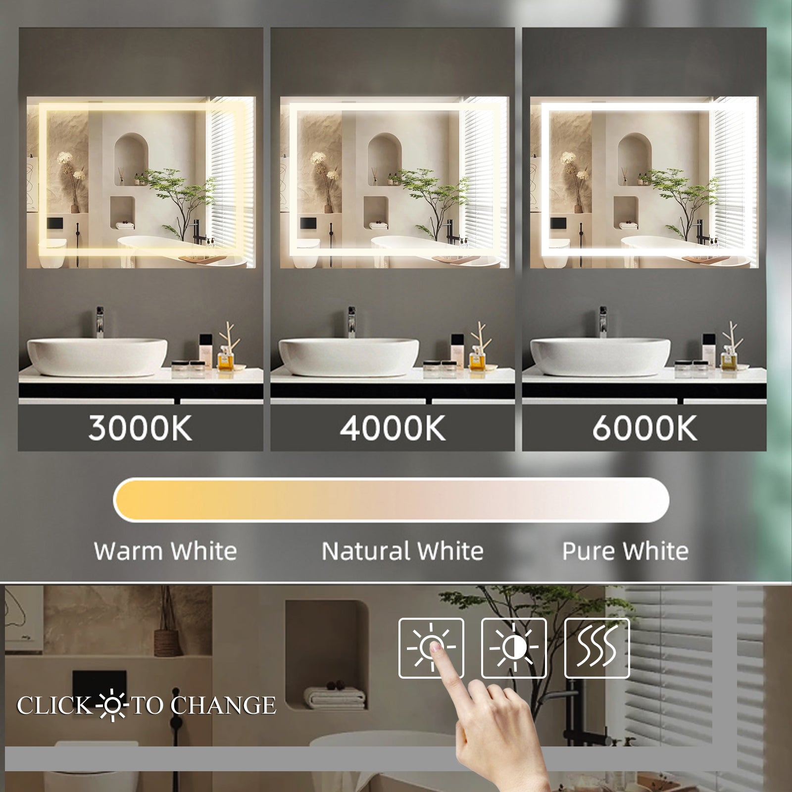 Miroir de salle de bain LED eprolo 48x36 pouces avec éclairage, anti-buée et fonction de variation lumineuse.