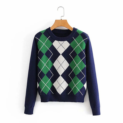 Diamond lattice pullover sweater female ins net red