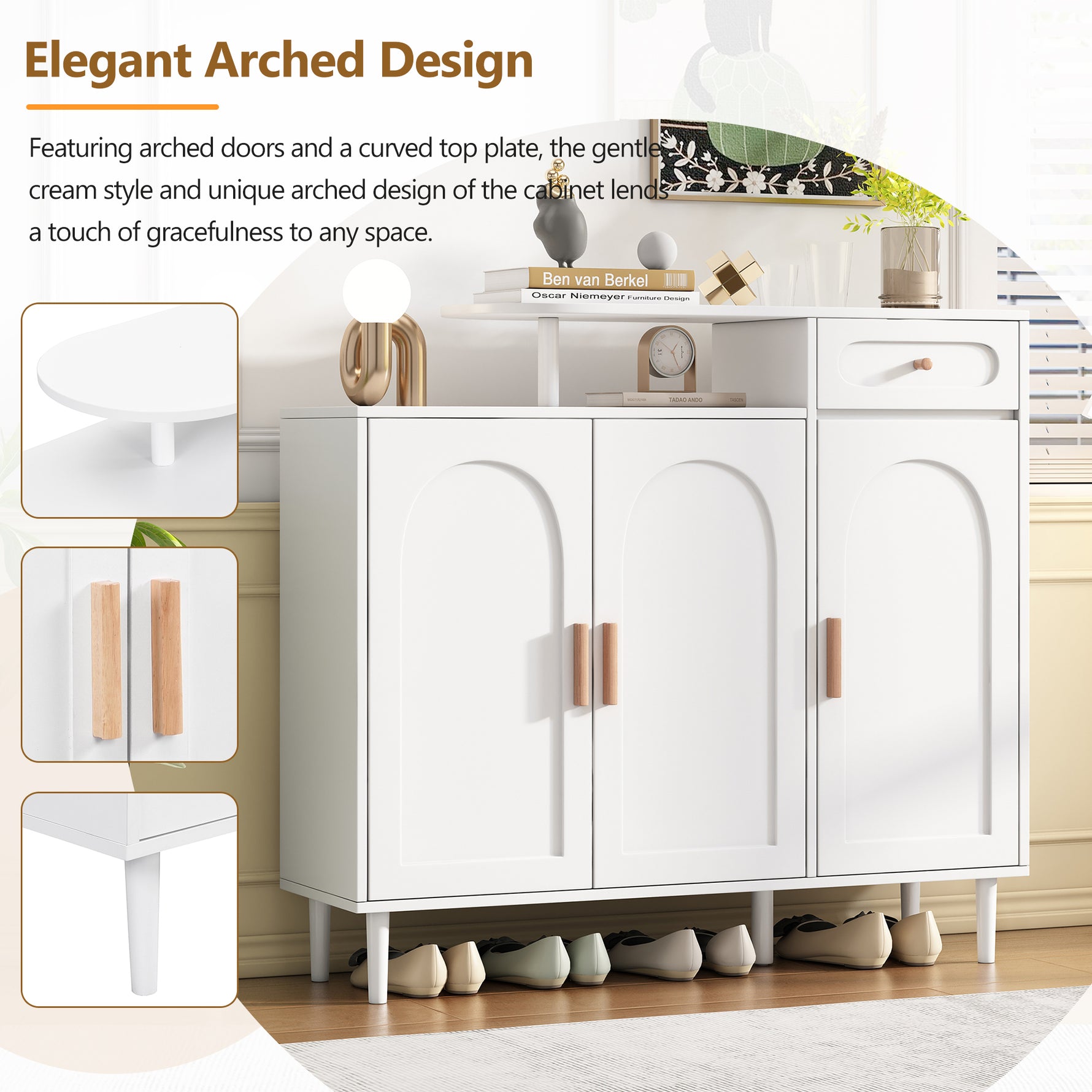 Meuble d'entrée blanc ON-TRANS avec portes arquées, tiroirs, étagères réglables et pieds en bois massif, mobilier eprolo.