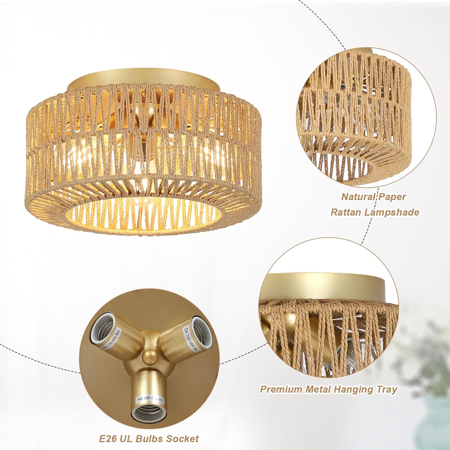 Plafonnier eprolo en rotin avec abat-jour tissé à la main, éclairage à 3 lumières pour décoration bohème moderne.