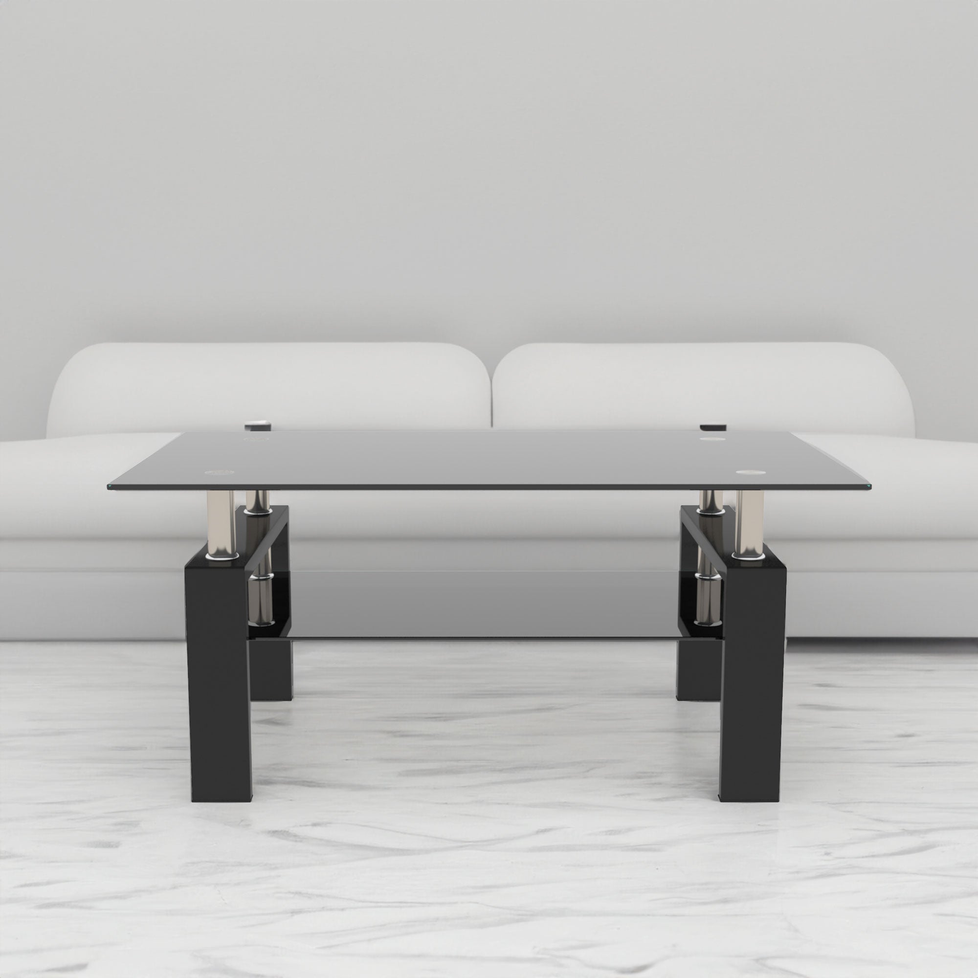 Table basse rectangulaire en verre noir de style moderne, meuble de salon avec surface claire et design élégant, par eprolo.
