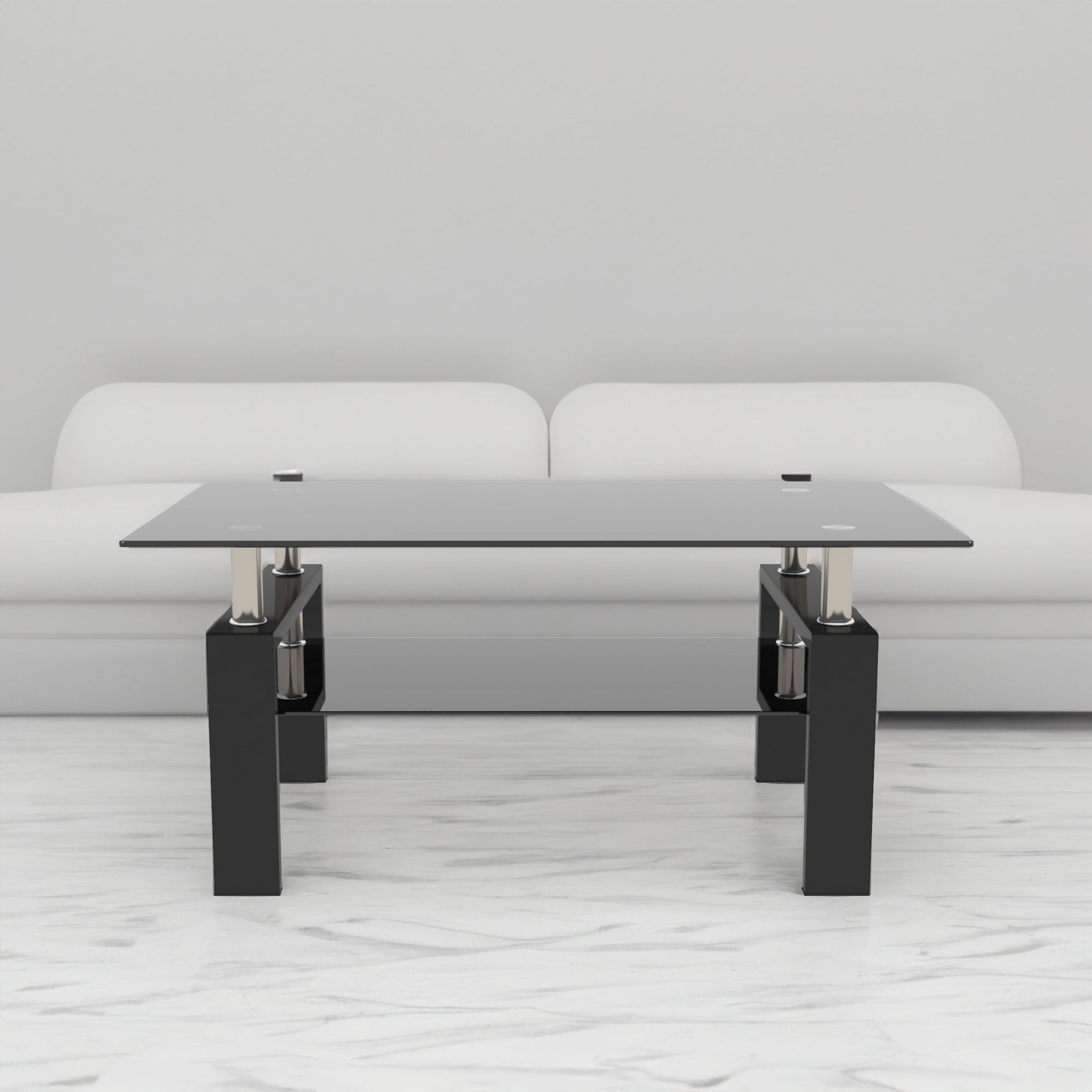 Table basse rectangulaire en verre noir de style moderne, meuble de salon avec surface claire et design élégant, par eprolo.