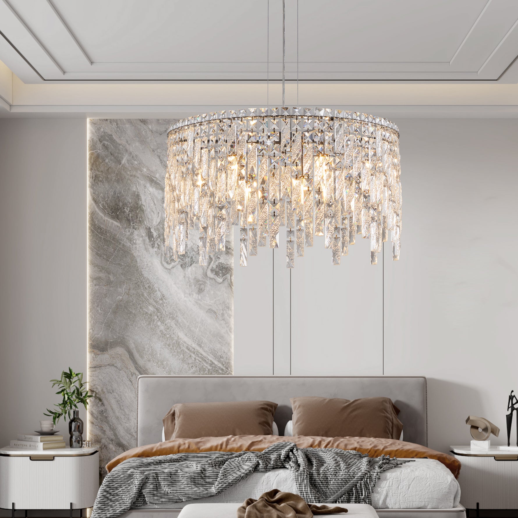 Lustre rond en cristal argenté de luxe eprolo, chandelier rond brillant avec pendeloques en cristal, design élégant et sophistiqué