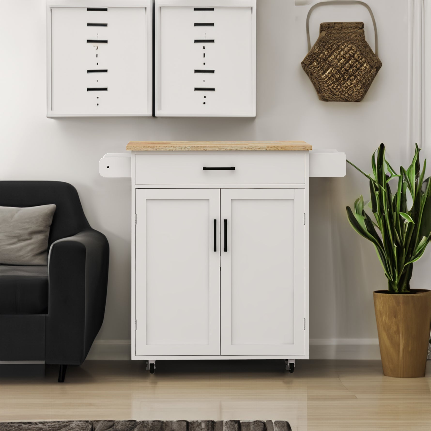 Mobilier d'entrée eprolo avec chariot roulant, tiroir, portes, étagères réglables et porte-serviettes, en bois fonctionnel.