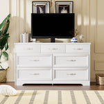 Commode moderne blanche à 3 tiroirs avec poignées métalliques, dimensions 47,6" x 15,7" x 26,6", rangement pour vêtements.