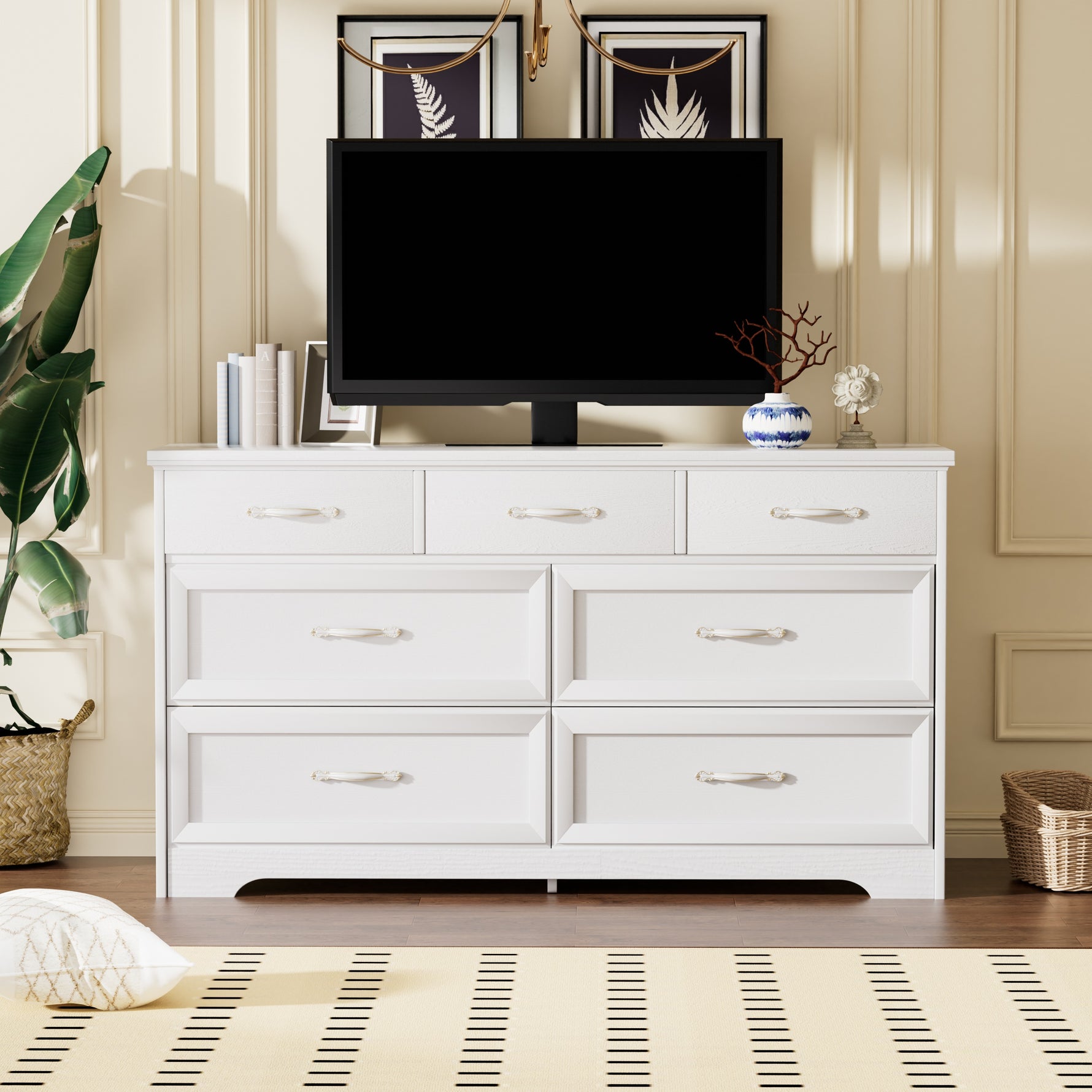 Commode moderne blanche à 3 tiroirs avec poignées métalliques, dimensions 47,6" x 15,7" x 26,6", rangement pour vêtements.