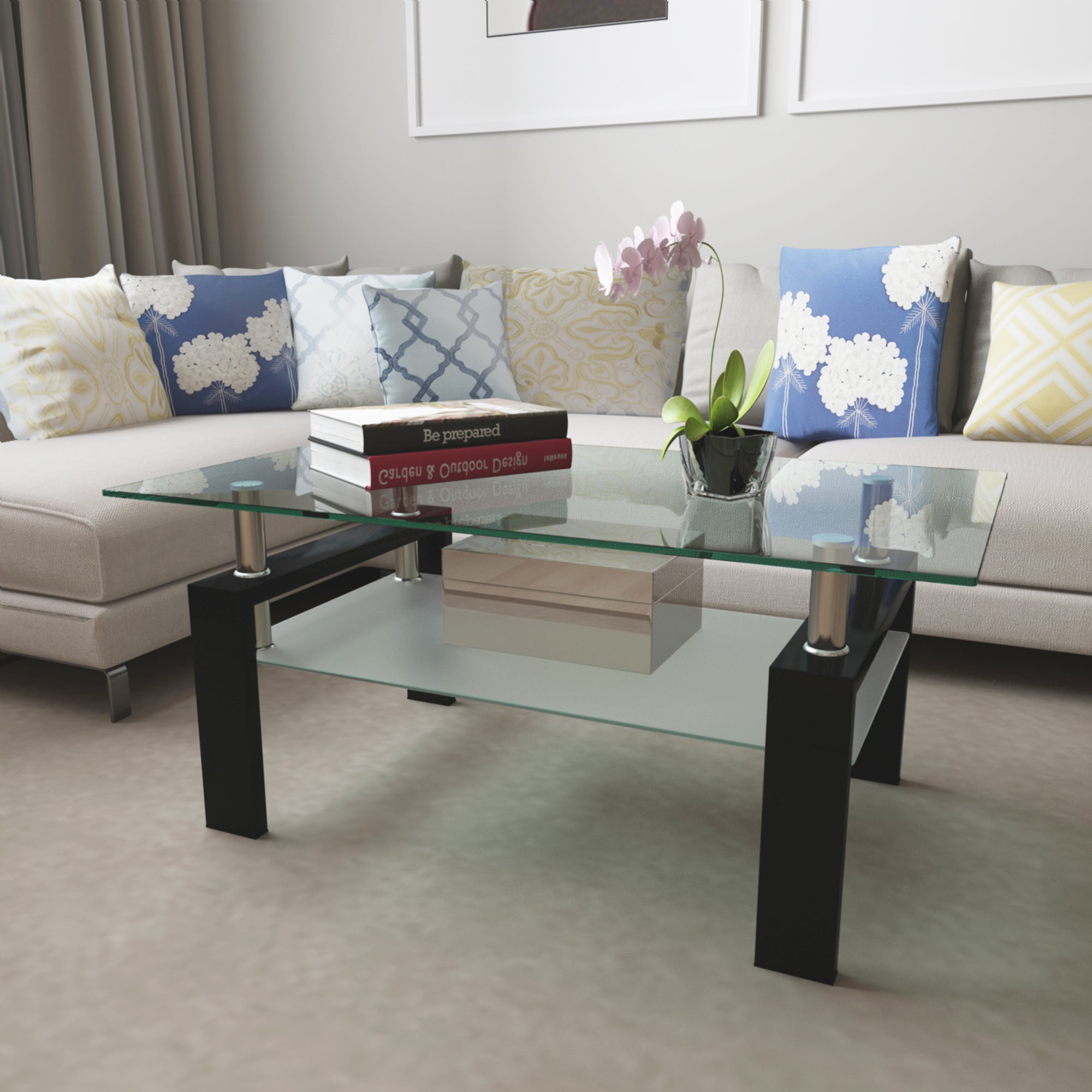 Table basse rectangulaire en verre noir de style moderne, centre de salon, meuble de living élégant, par eprolo.