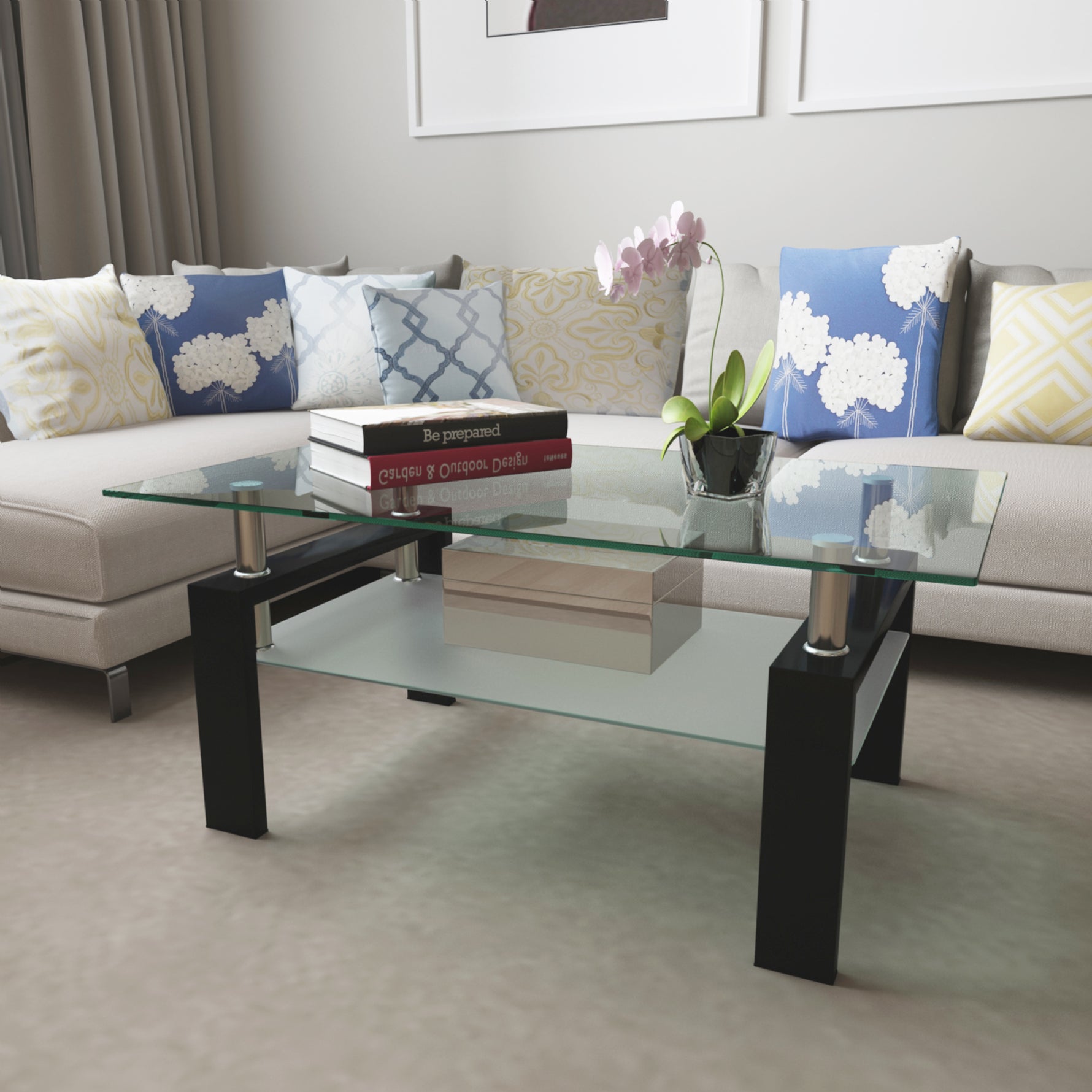 Table basse rectangulaire en verre noir de style moderne, centre de salon, meuble de living élégant, par eprolo.