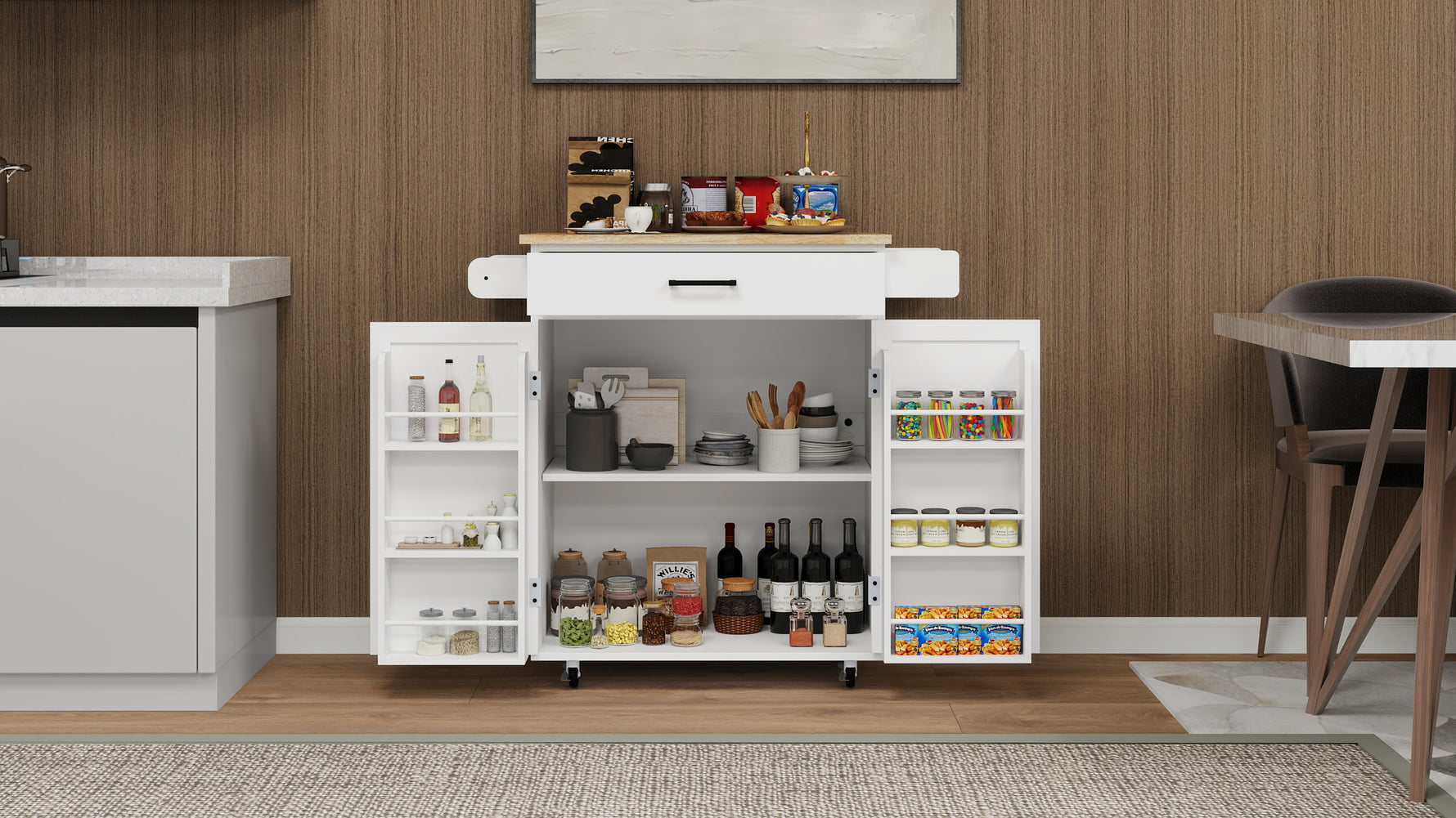 Mobilier d'entrée eprolo, îlot de cuisine roulant avec tiroir, portes, étagères ajustables et porte-serviettes, en bois moderne.