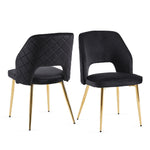 Chaise de salle à manger en velours noir avec pieds métalliques et dossier creux, ensemble de 4, fauteuils confortables et élégants.