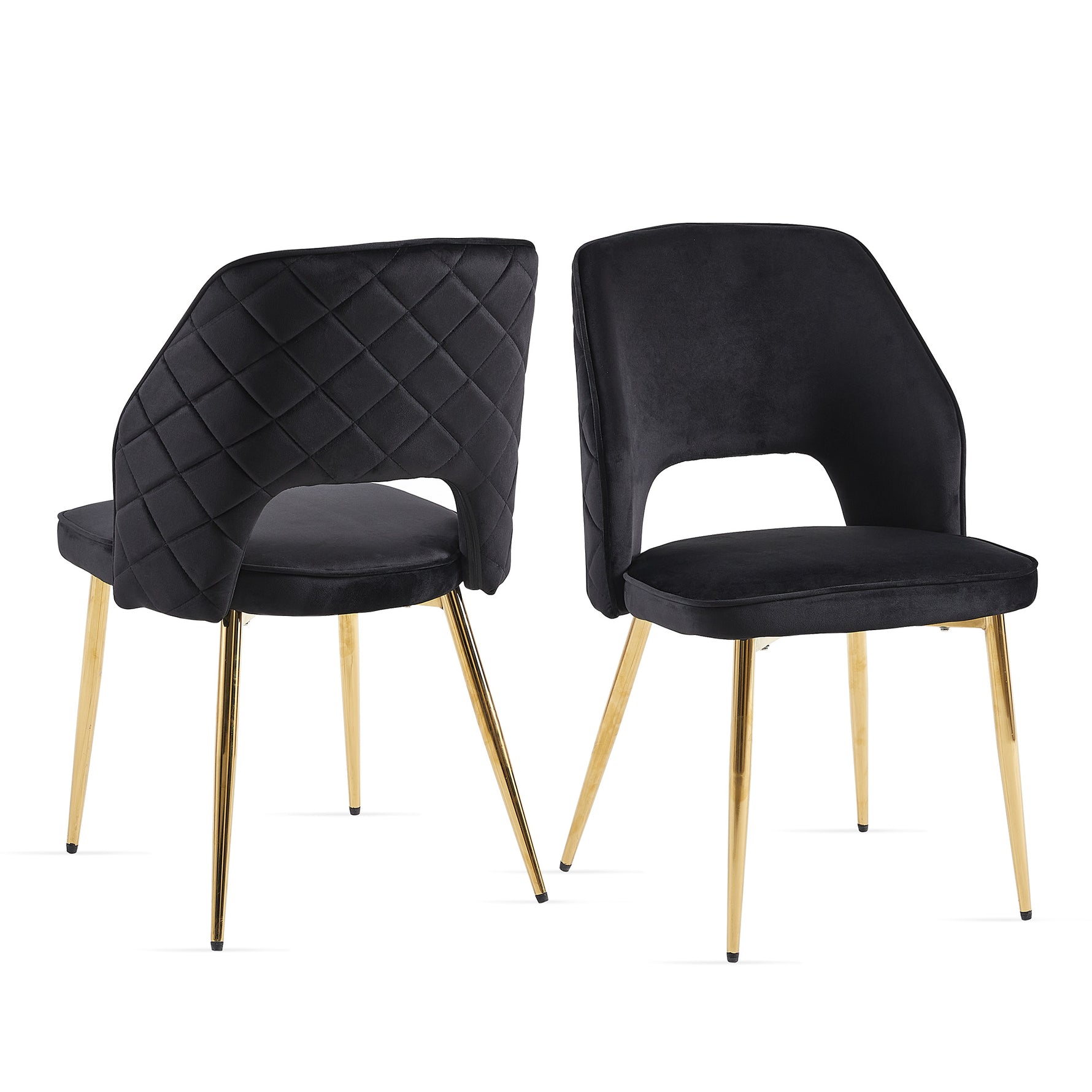 Chaise de salle à manger en velours noir avec pieds métalliques et dossier creux, ensemble de 4, fauteuils confortables et élégants.