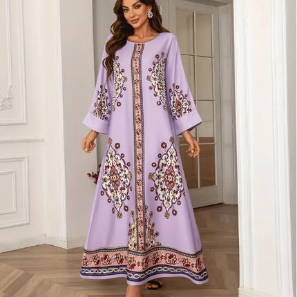 Elegant Floral Print Long Sleeve Abaya Dress