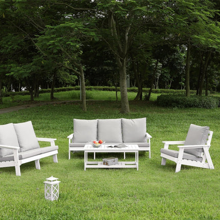 HIPS 3 Seater Sofa With Cushion, Wood Grain Outdoor Garden Sofa,White Grey