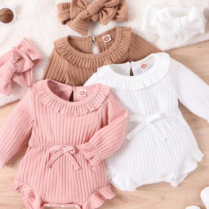 New Children's Clothing Baby Long Sleeve Sunken Stripe Romper Headscarf Female Baby Autumn And Winter Jumpsuit