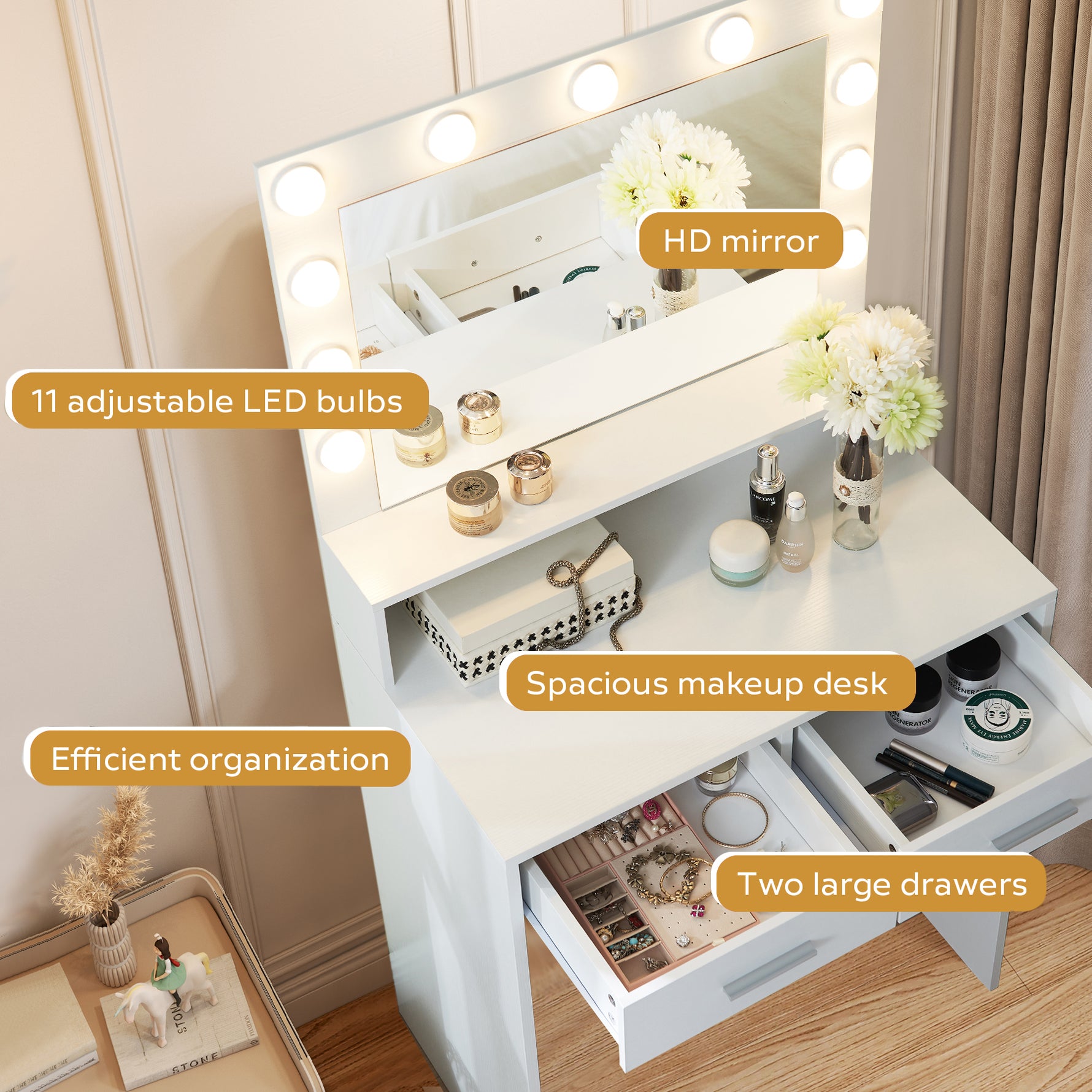 Bureau de maquillage eprolo avec miroir lumineux et espace de rangement, idéal pour la beauté et le maquillage.