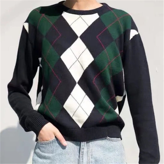 Diamond lattice pullover sweater female ins net red