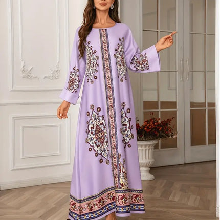 Elegant Floral Print Long Sleeve Abaya Dress