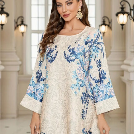 Elegant Floral Print Long Sleeve Abaya Dress