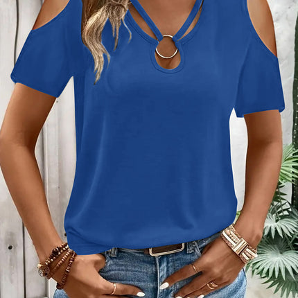 Womens Loose-Fit Cross-Over V-Neck Off-the-Shoulder Short-Sleeve TShirt