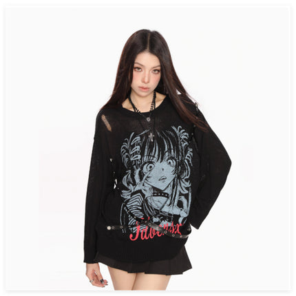 Ladies' Spring And Autumn Look Thin Loose Printed Knitted Sweater Hoodie Top