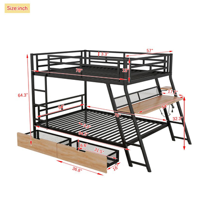 Full Size Metal Bunk Bed With Built-in Desk, Light And 2 Drawers, Black