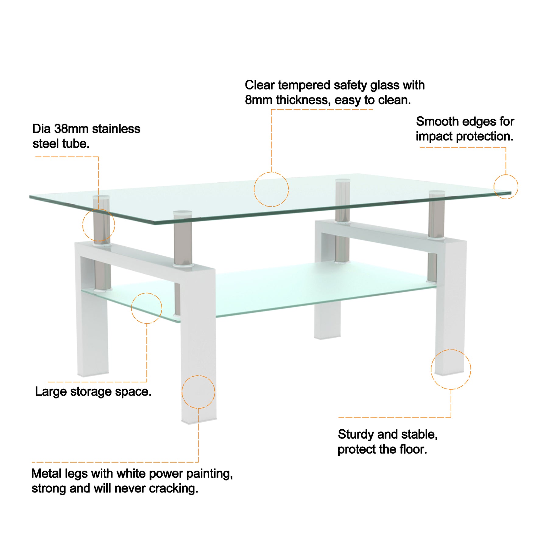 Table basse blanche en verre transparent pour salon, mobilier moderne eprolo, table d'appoint centrale ou latérale.