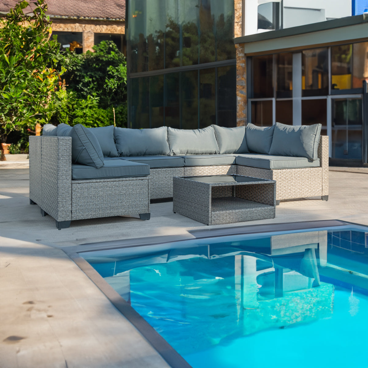 Ensemble de mobilier de patio 7 pièces eprolo avec canapé d'angle, coussins gris résistants à l'eau, idéal pour l'extérieur.