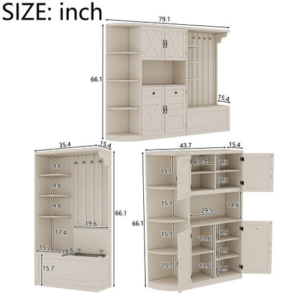 Multifunctional Left-right Combination Hall Cabinet  Can Be Used Separately  With Storage And 4 Hooks, Storage Cabinet Hall Tree 2 In 1 For Living Room, Kitchen And Hallway,antique Beige