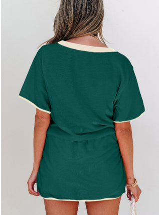 Turquoise Colorblock Edge Drop Shoulder T Shirt And Skort 2Pcs Set