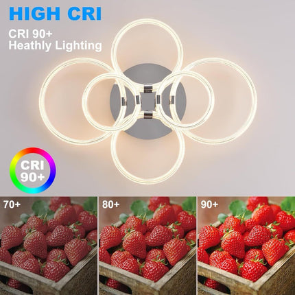 Modern LED Ceiling Light, Flush Mount Ceiling Light With Dimmable Remote Control, 6Rings Acrylic Ceiling Light Fixture For Bedroom, Living Room, Kitchen, Office Lamps 6 Heads