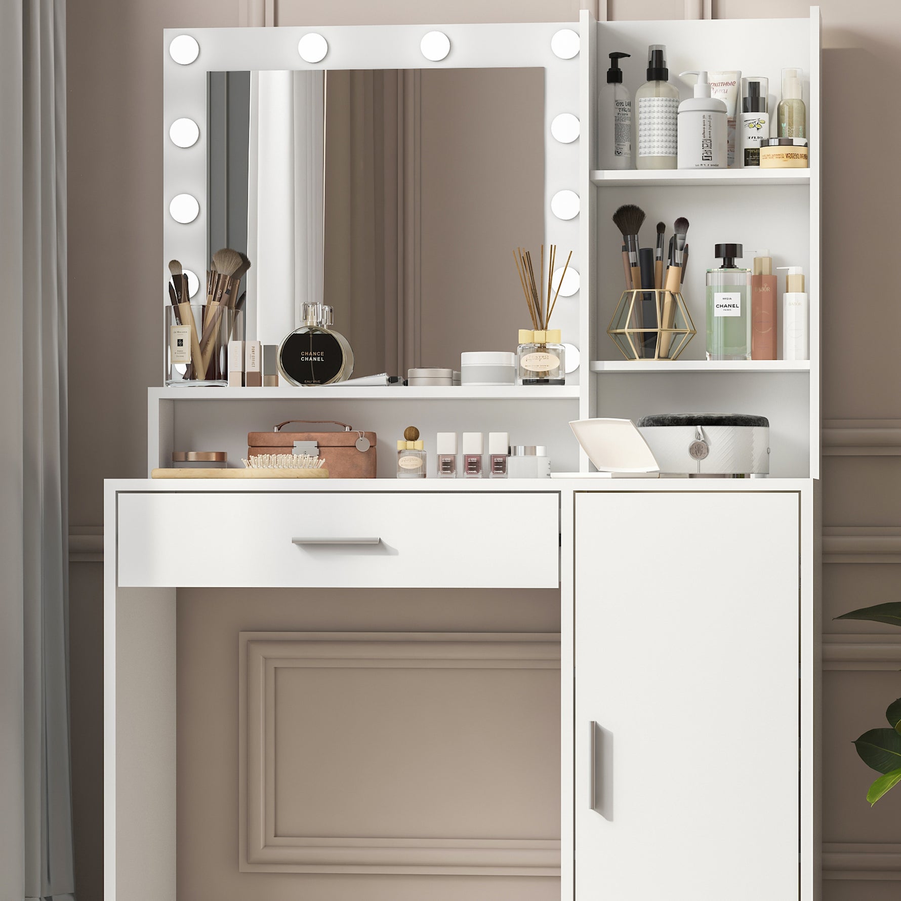 Coiffeuse eprolo avec miroir lumineux et espace de rangement pour maquillage, surface en bois clair et design moderne
