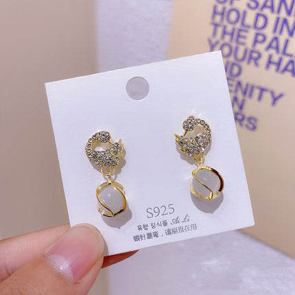 S925 Silver Needle Geometric Opal Temperament Diamond Earrings Simple