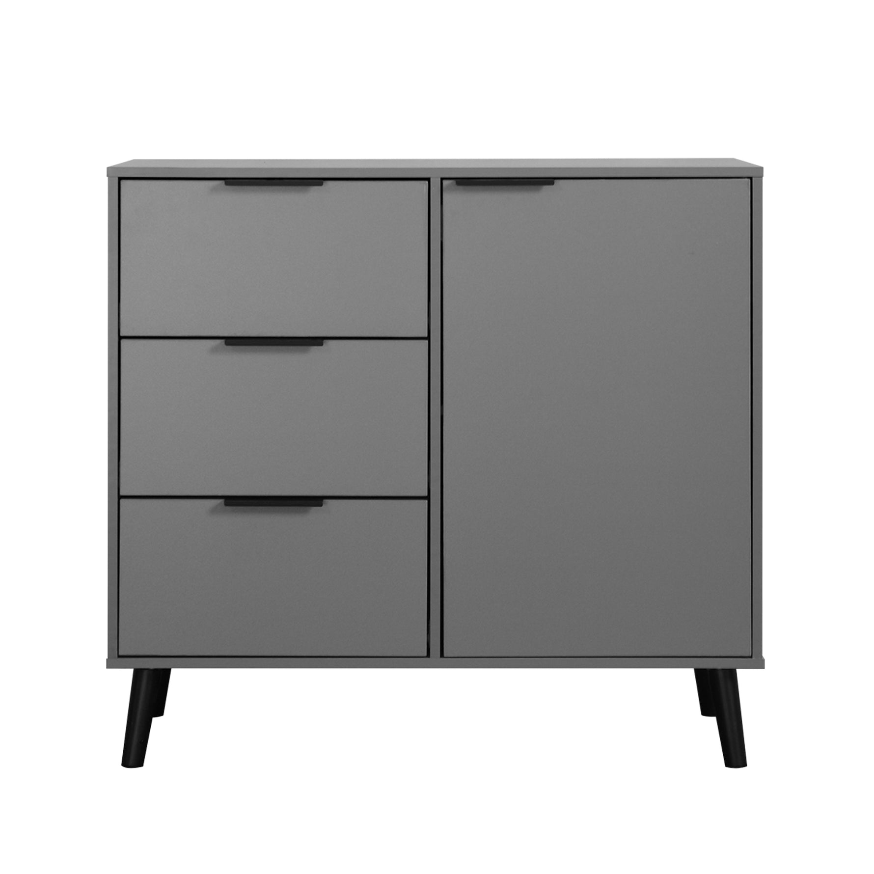 Armoire de rangement grise eprolo avec 3 tiroirs, portes médiévales et étagères ajustables visible dans l'image.