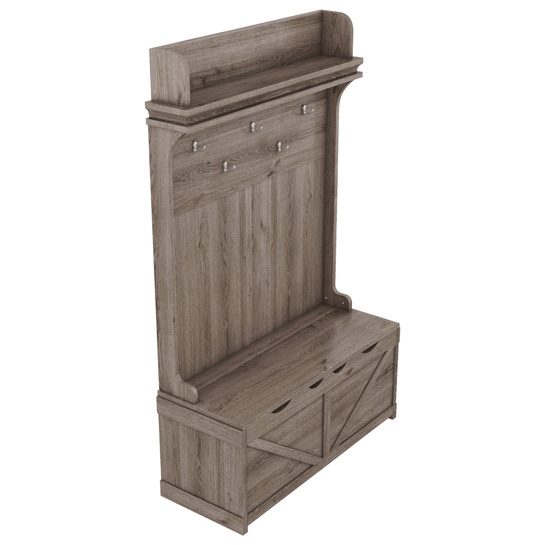 Armoire d'entrée en chêne avec bureau de rangement, 5 crochets, tiroirs et étagère, par eprolo