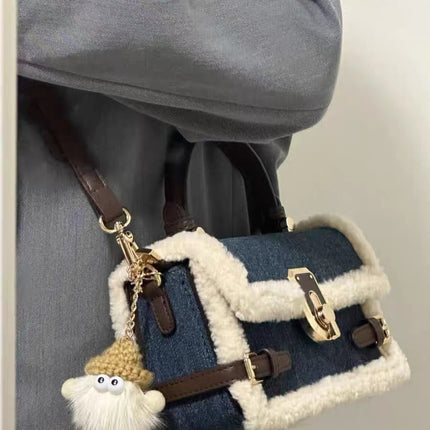 Patchwork Denim Lamb Wool All-match Messenger Bag