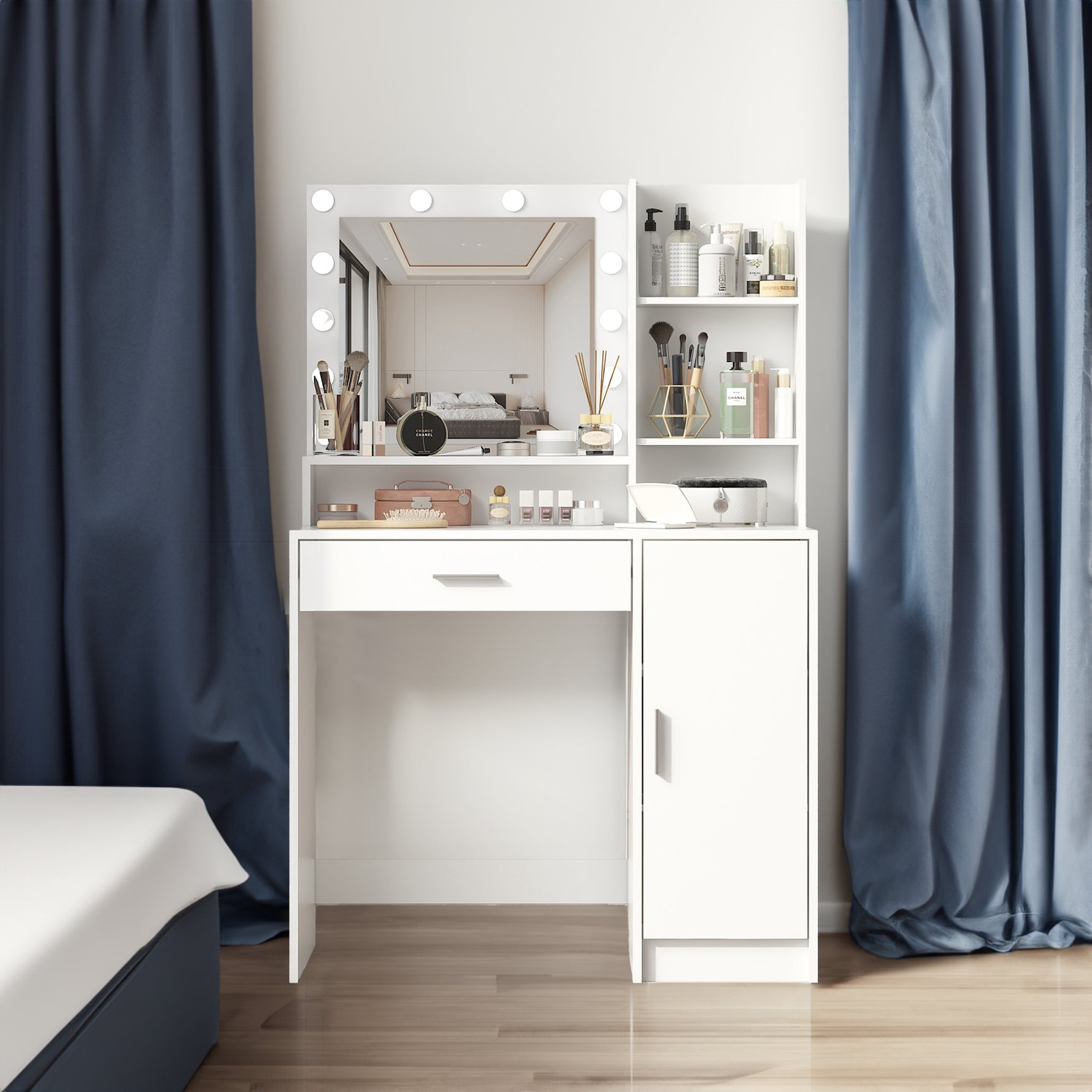 Coiffeuse eprolo avec miroir lumineux, surface élégante et espace de rangement pour maquillage et accessoires beauté.