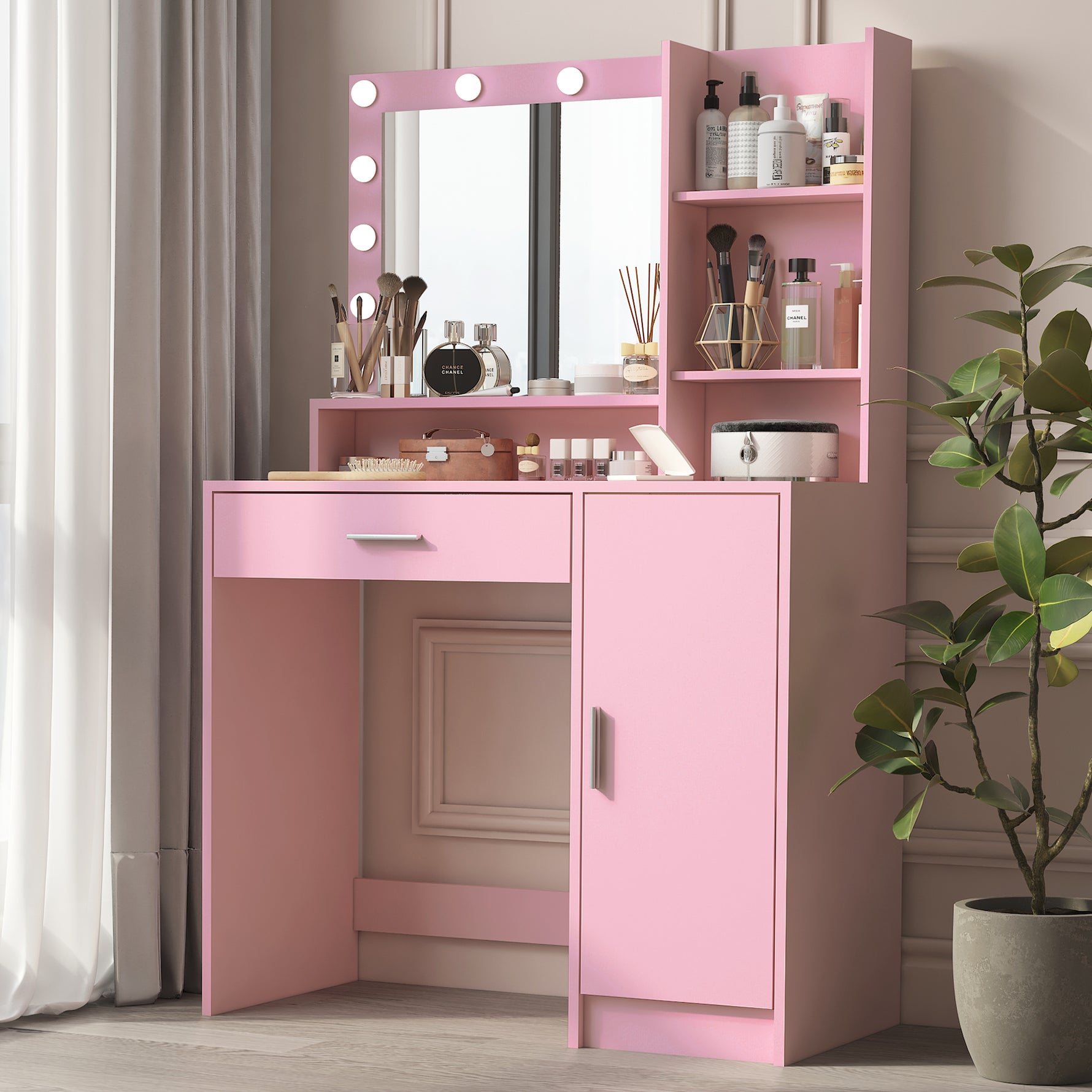 Bureau de maquillage eprolo avec miroir intégré et éclairage LED pour une coiffeuse pratique et élégante.