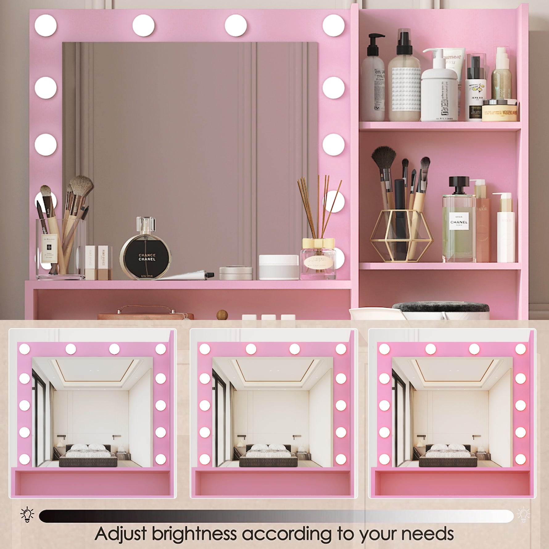Bureau de maquillage eprolo avec miroir intégré et éclairage, surface en bois clair, design moderne et pratique pour la beauté.