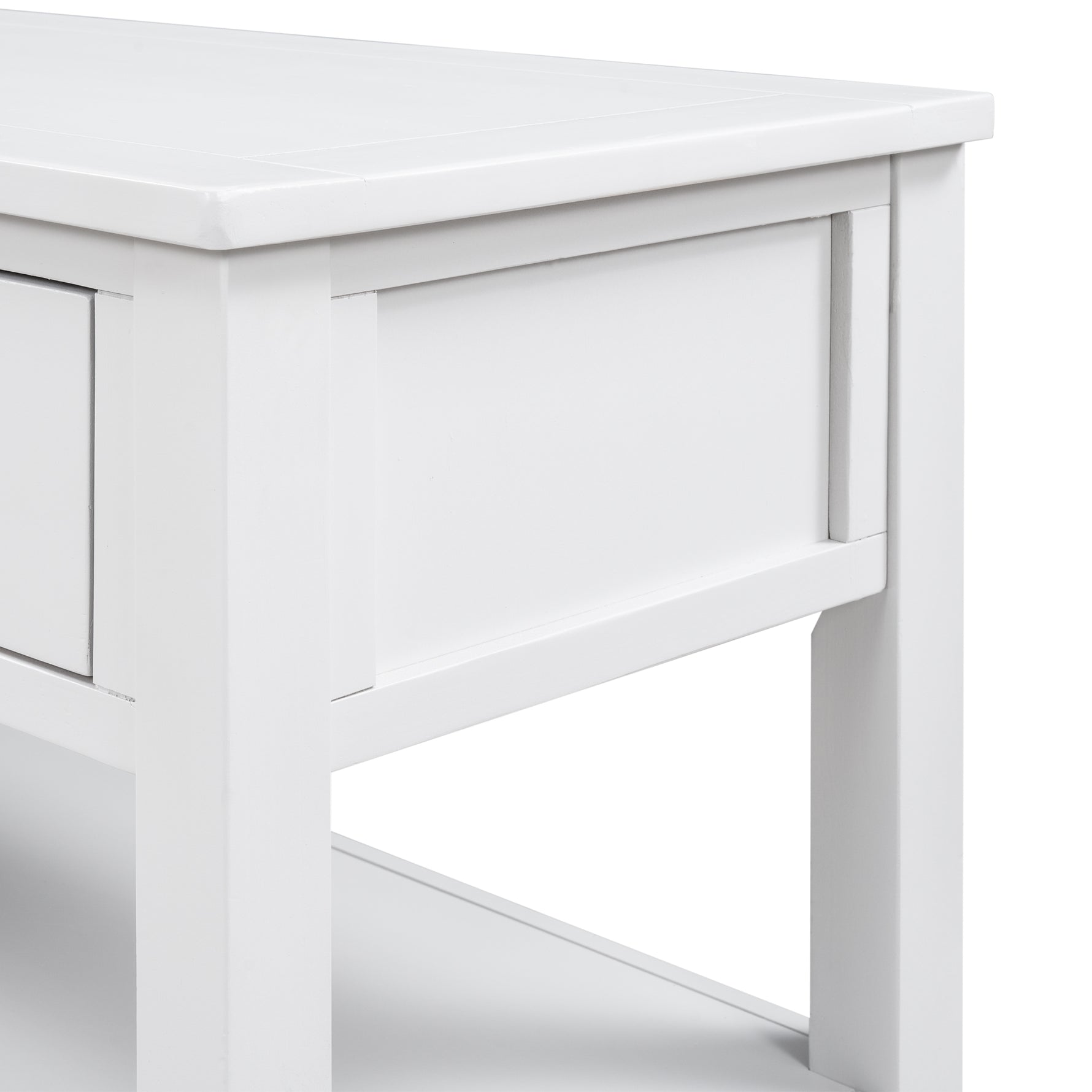 Console d'entrée rétro en bois massif de pin, meuble blanc antique avec deux étagères ouvertes pour salon ou entrée.