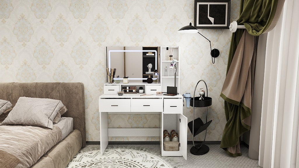 Miroir intelligent et coiffeuse eprolo avec tiroirs et armoires de rangement, chaise de chambre pour maquillage et préparation.