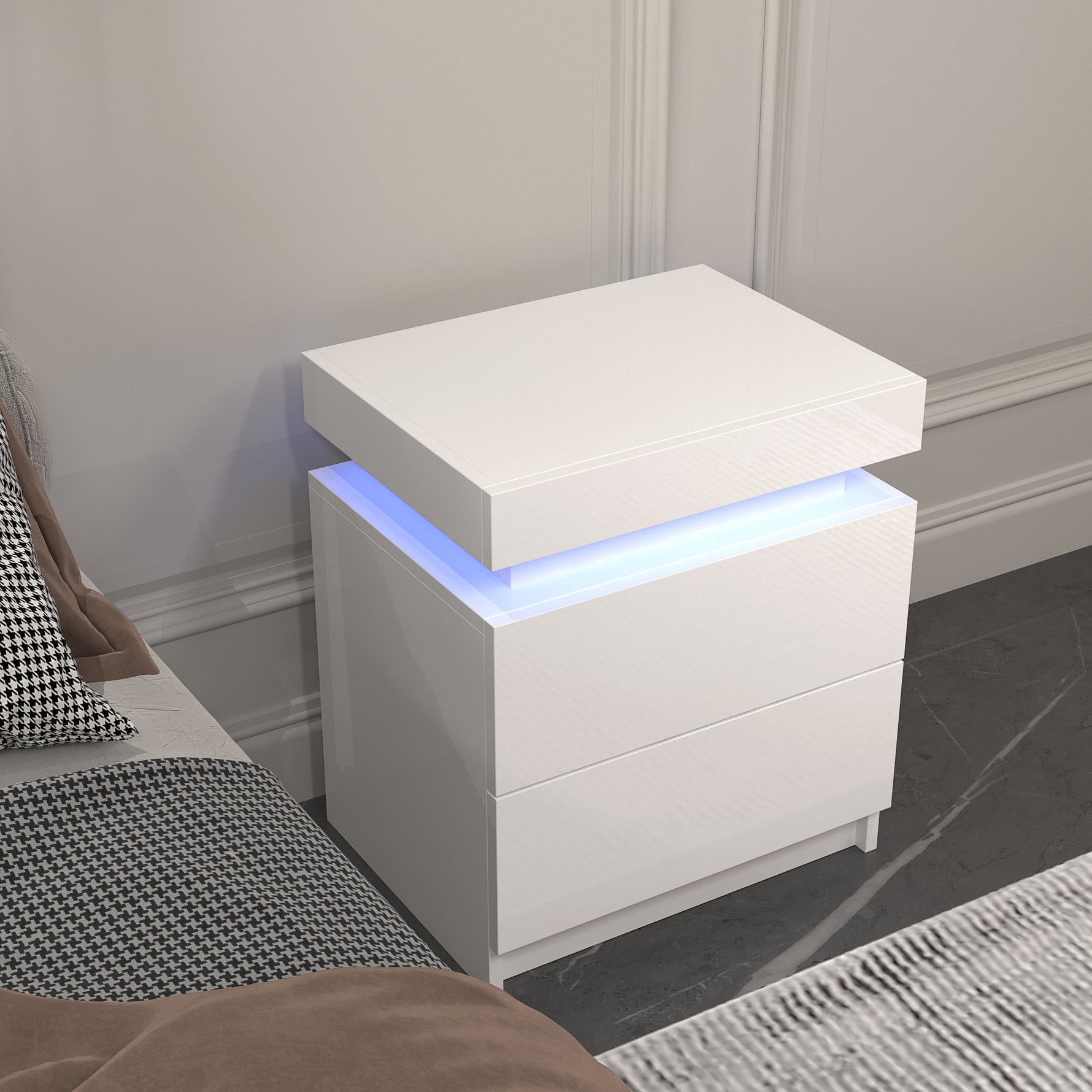 Nuit noire moderne blanche de la marque eprolo avec tiroirs, surface lisse et design épuré, vue de face.