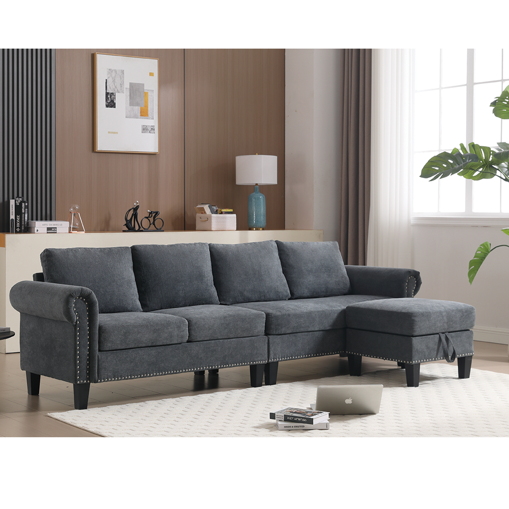 Canapé sectionnel convertible avec espace de rangement eprolo, montrant la configuration modulable et le compartiment de stockage intégré.