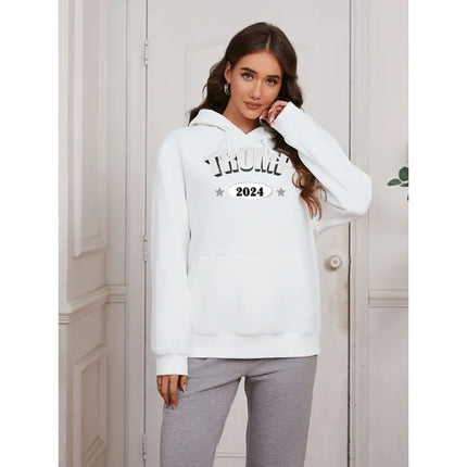 Women Basic Sweatshirt Casual Hooded Sweatshirt Autumn Winter Padded Long Sleeve Trump Alphabet 2024 Portrait Printed Top Oversize