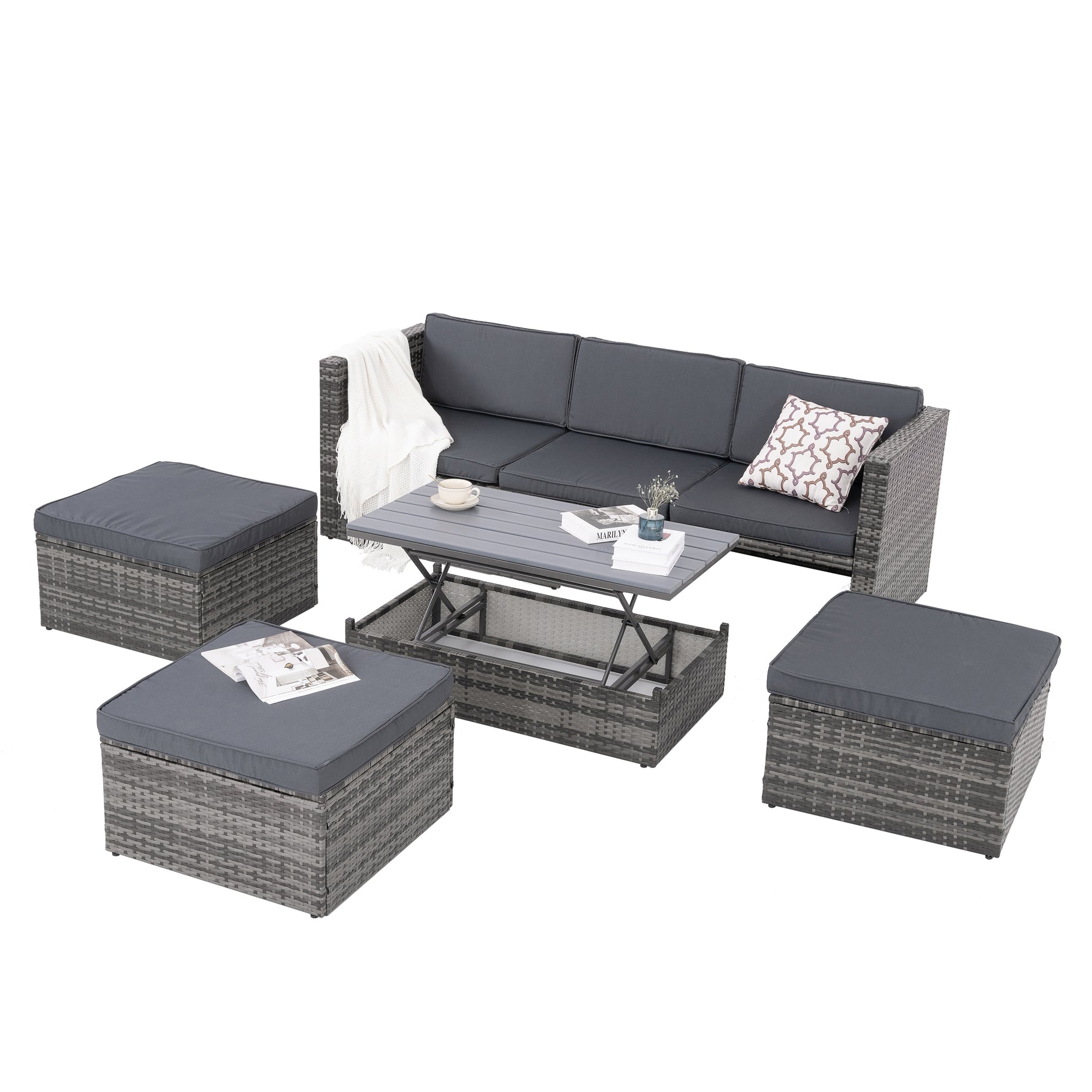 Ensemble de meubles de terrasse en rotin PE d'eprolo avec table basse en contreplaqué pour extérieur.